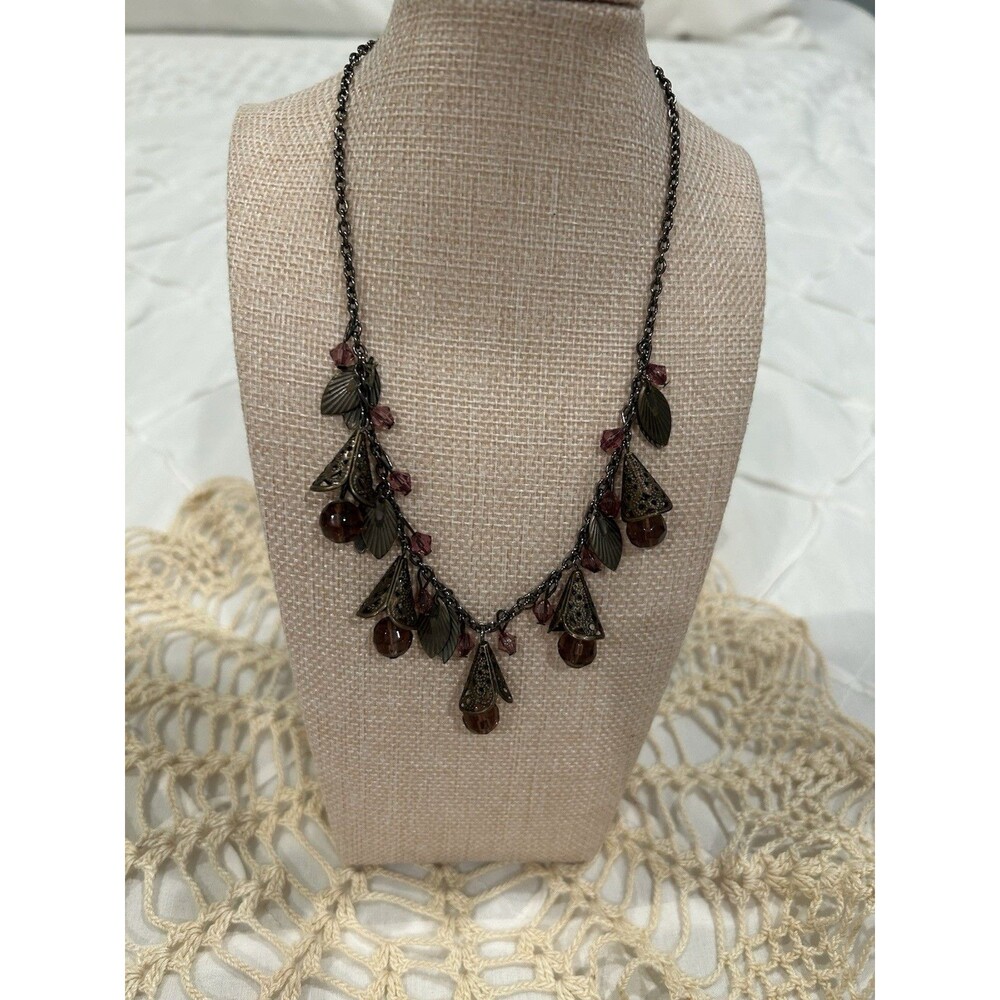 Deep Rose Colored Beads And Dark Metal Charms On 17” Chain Necklace